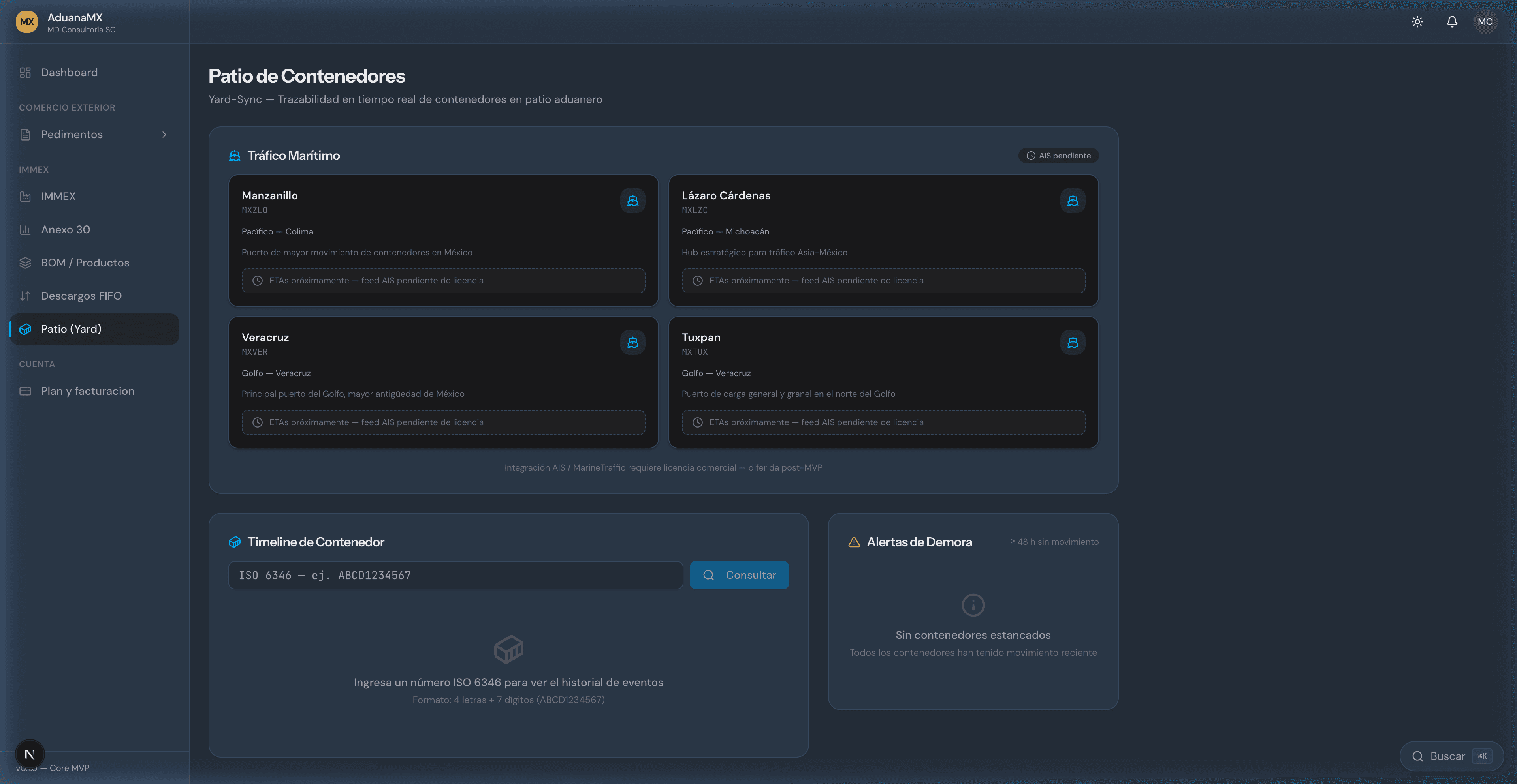 Patio de contenedores en AduanaMX — trazabilidad en tiempo real del contenedor TCLU7654320 en Manzanillo